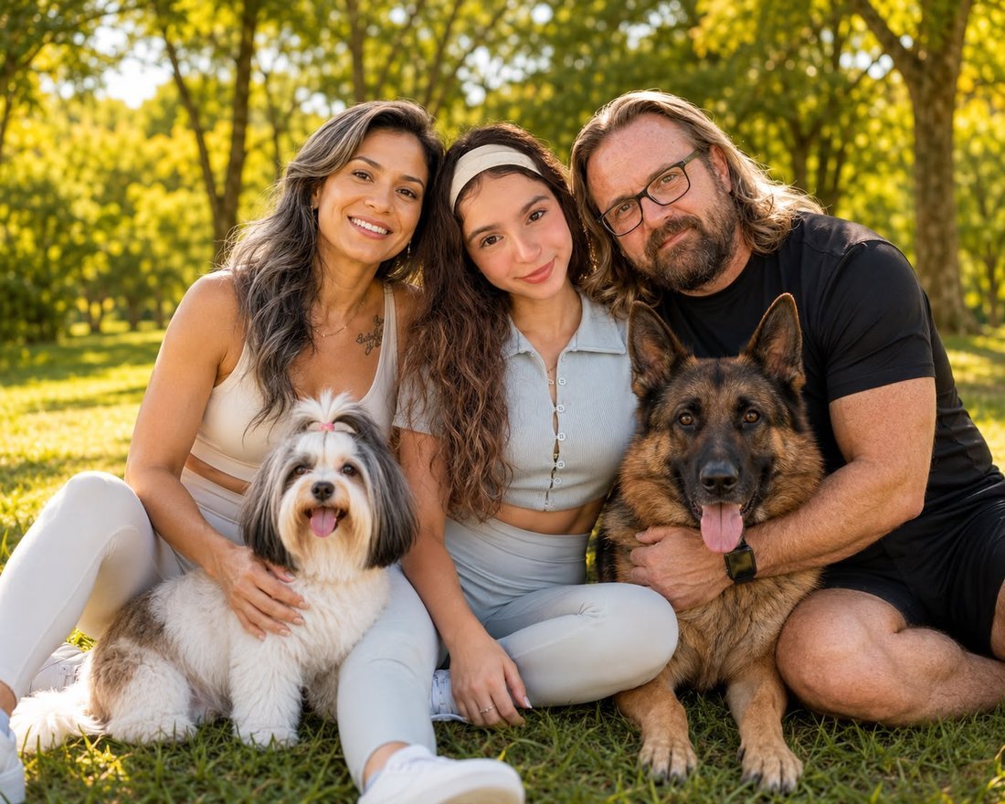 Família reunida ao ar livre com seus pets, clientes Natureza Rainha